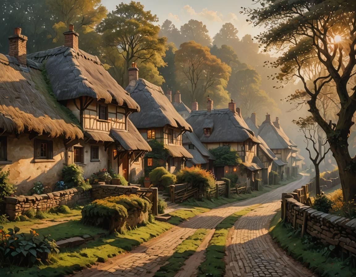 Impressionist Village Houses in Morning Mist