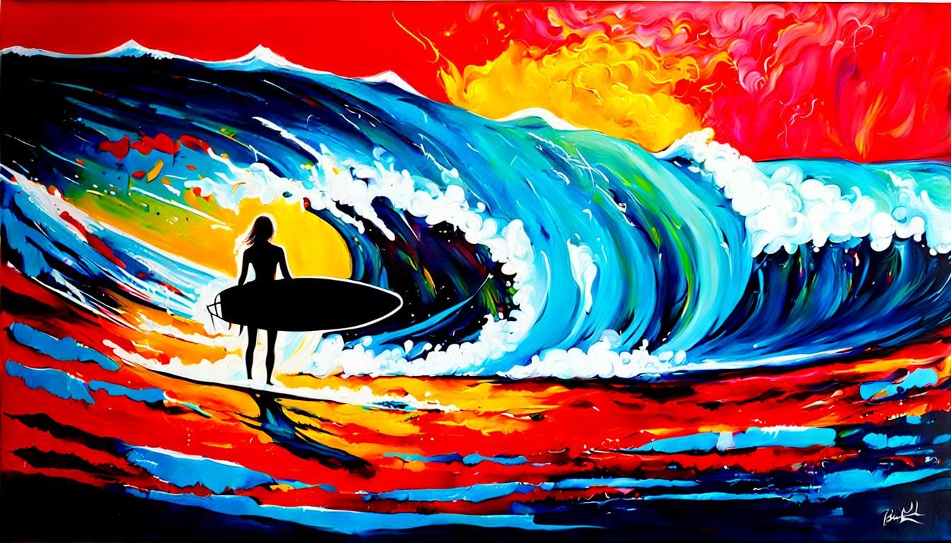Abstract Expressionist Surfing Woman: Acrylic on Canvas