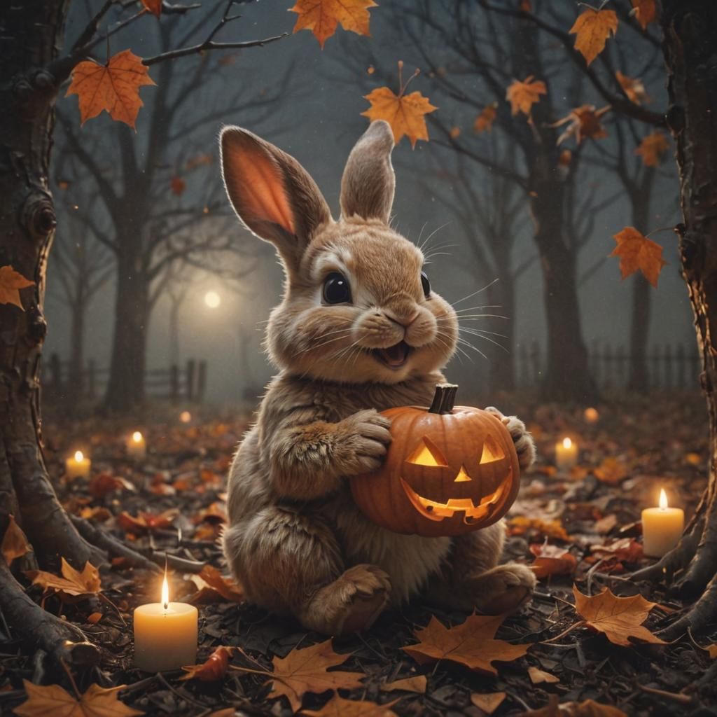 Baby Rabbit Carving a Jack-o-Lantern on Halloween