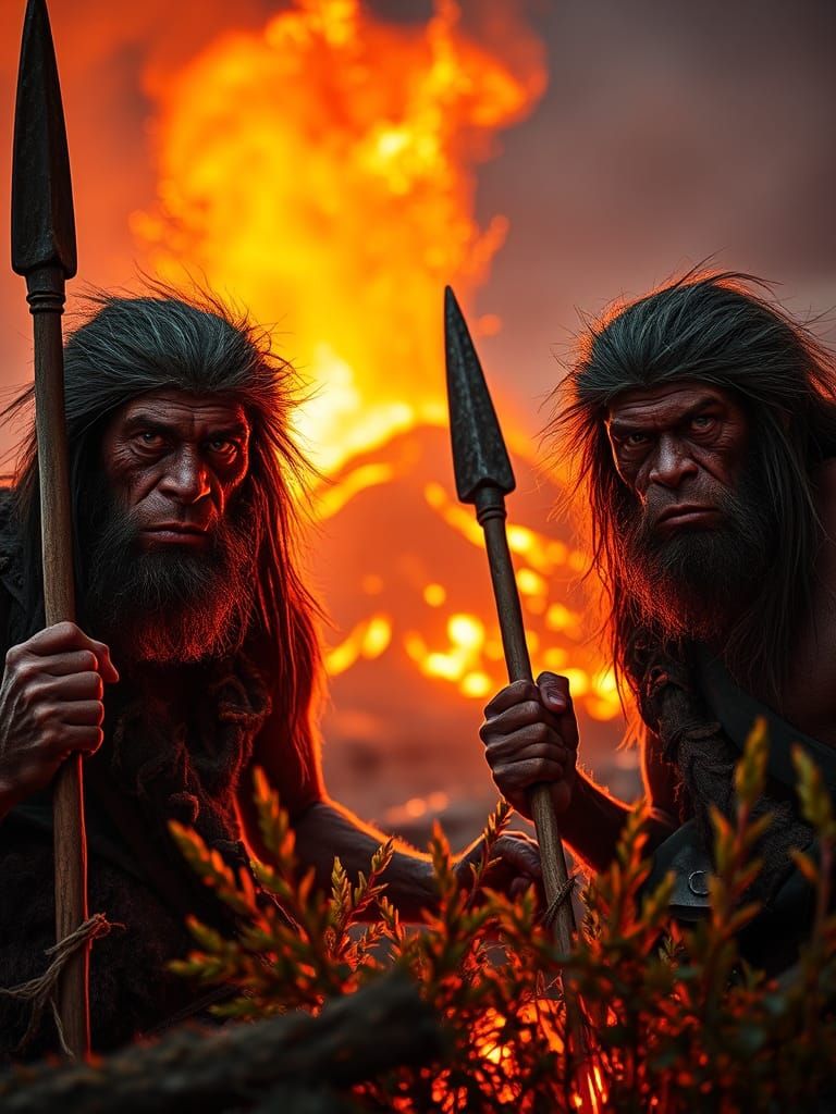 Photorealistic Portrait of Neanderthal Hunters by Volcano
