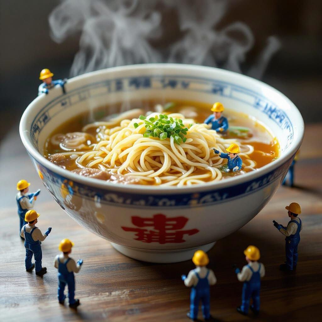 Giant Ramen Bowl with Miniature Workers