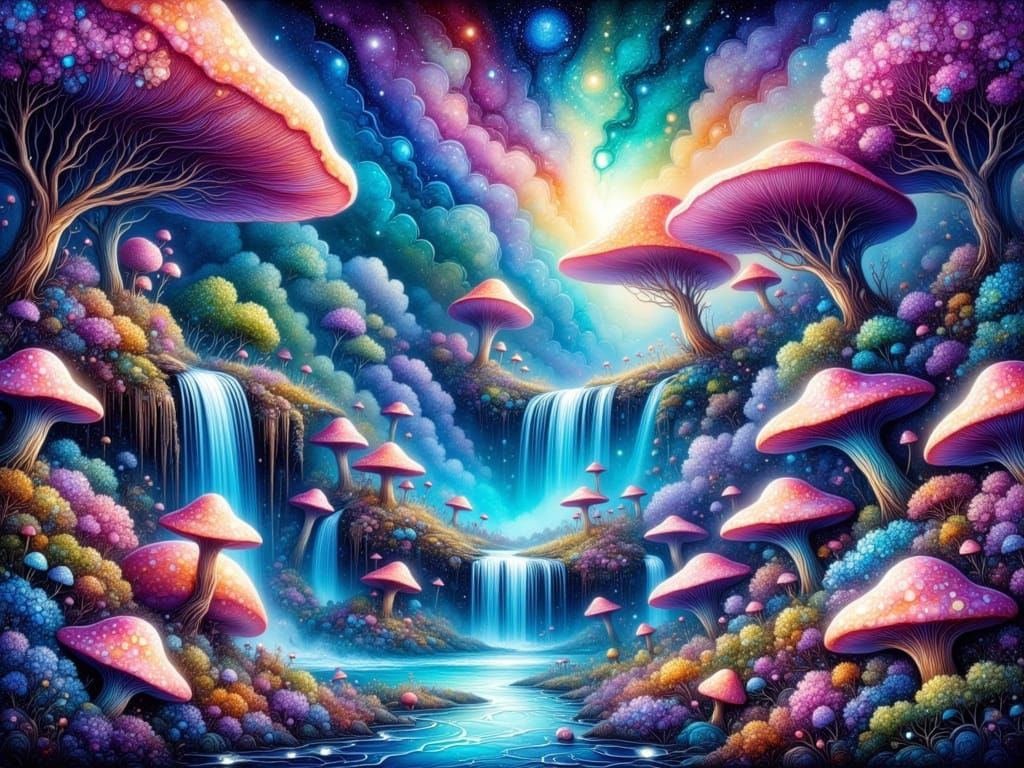 Surreal Landscape with Bioluminescent Waterfalls and Whimsic...