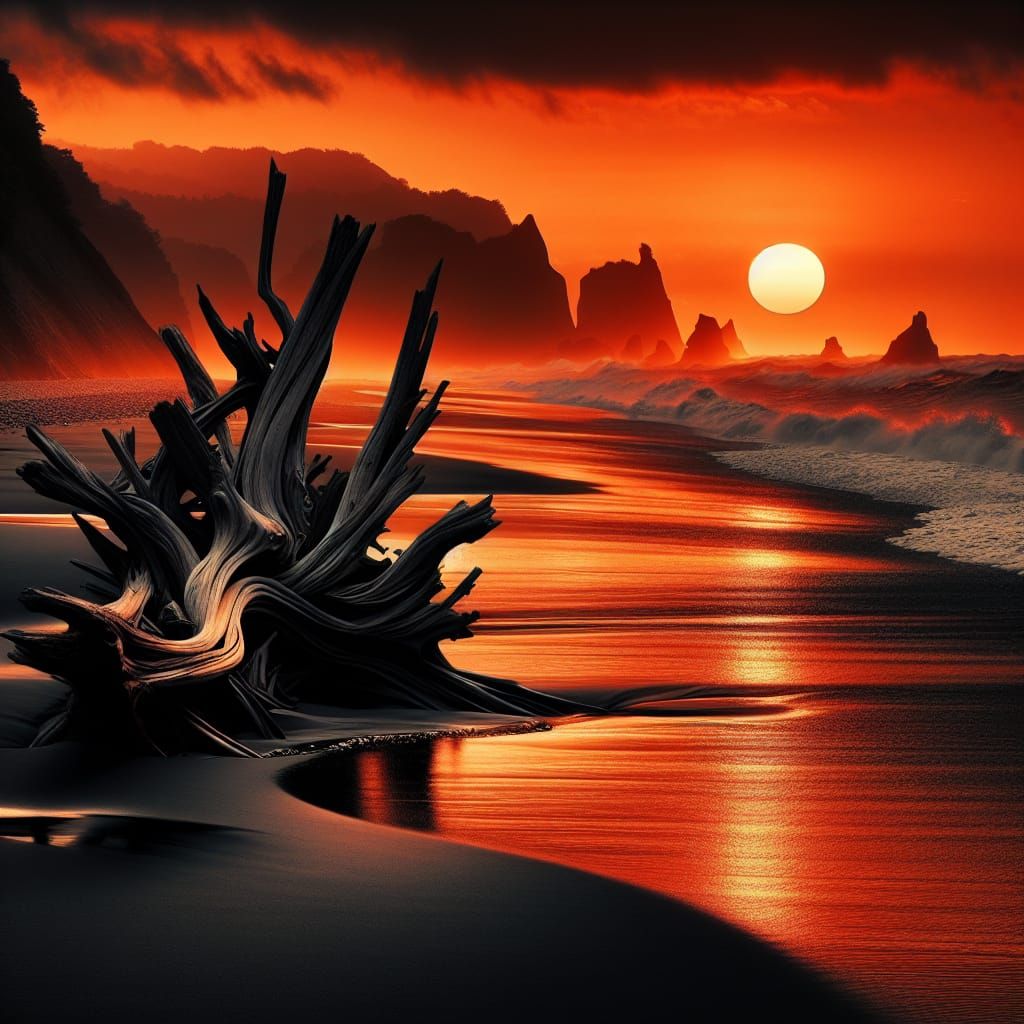 Orange and Gray Beach Sunset in Japanese Style