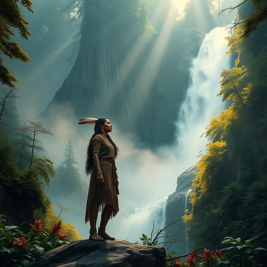 Moikani Woman at Waterfall in Primeval Forest