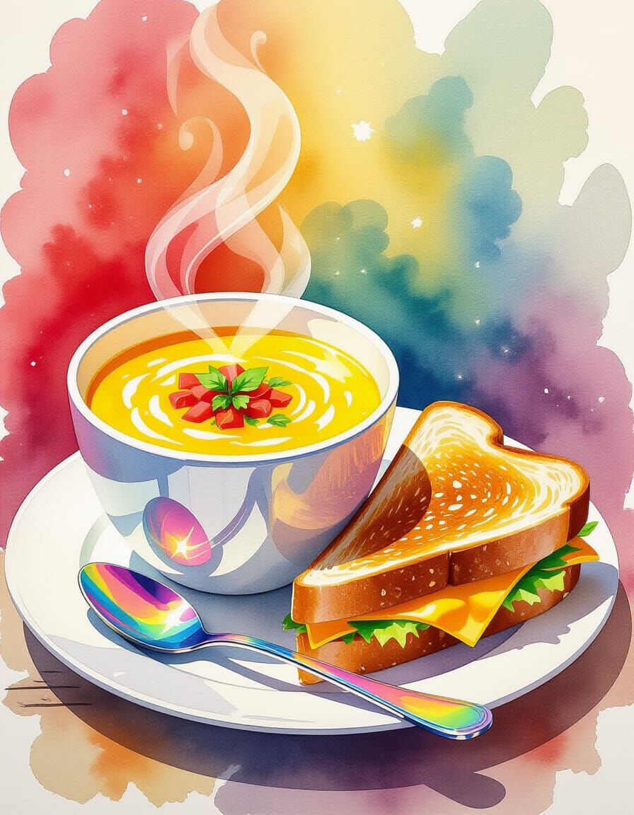 Creamy Corn Chowder and Grilled Cheese Watercolor Art