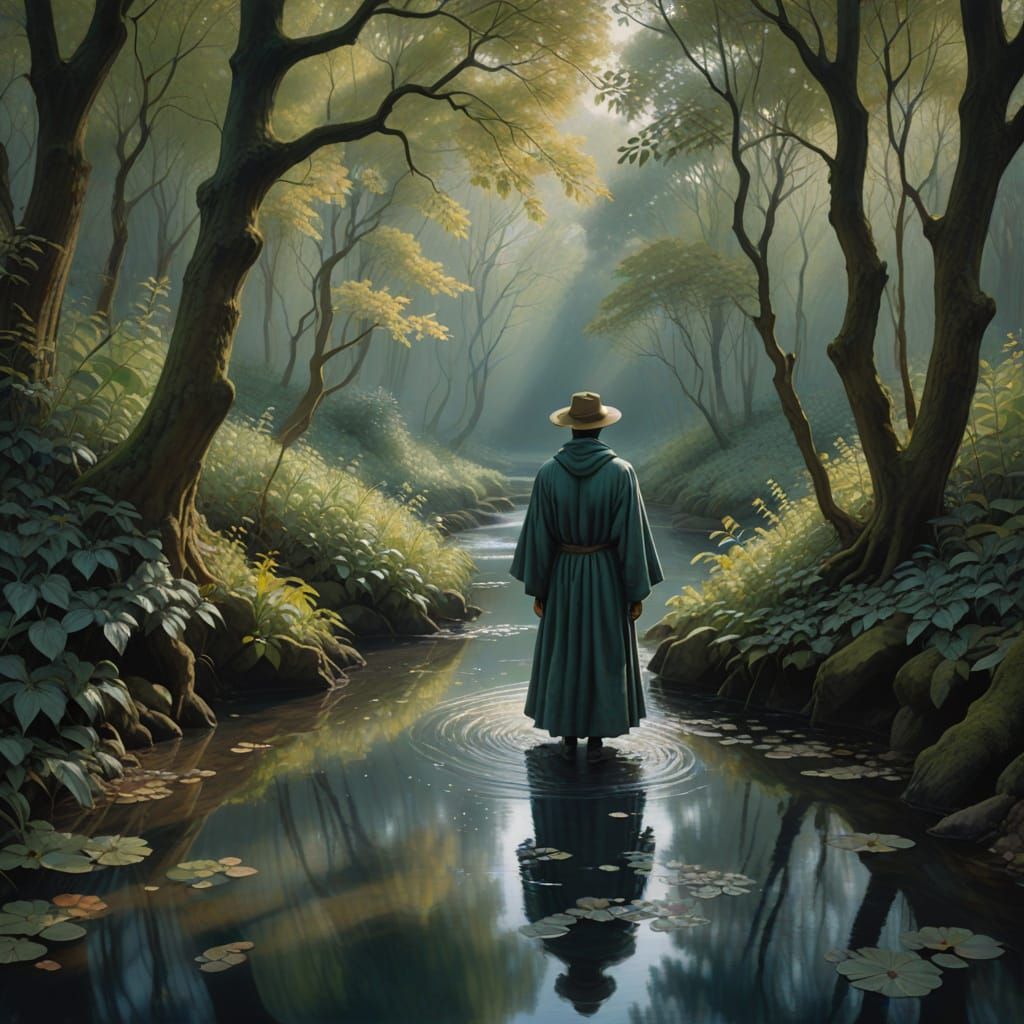 Surreal Figure Beside Stream in Dappled Light