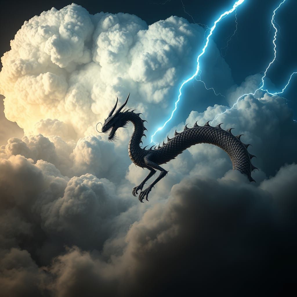 Skeletal Chinese Dragon Erupts from Turbulent Clouds in Hype...