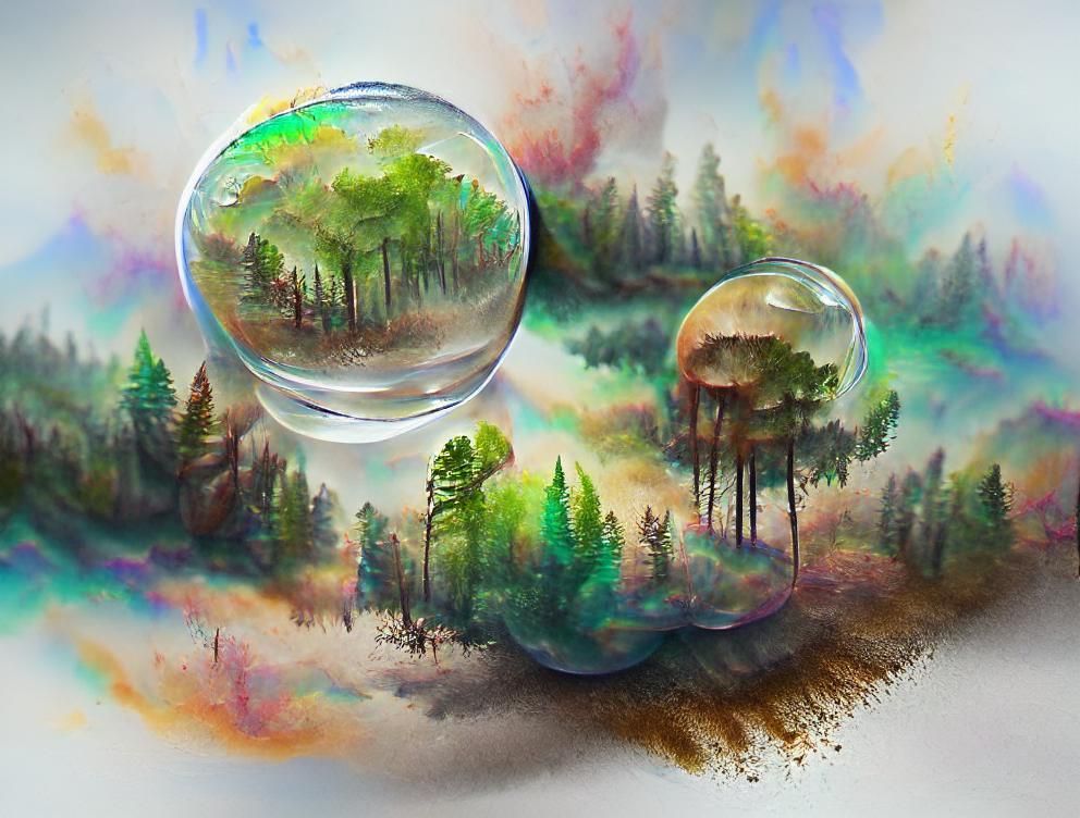Watercolor Forest Reflected in a Bubble