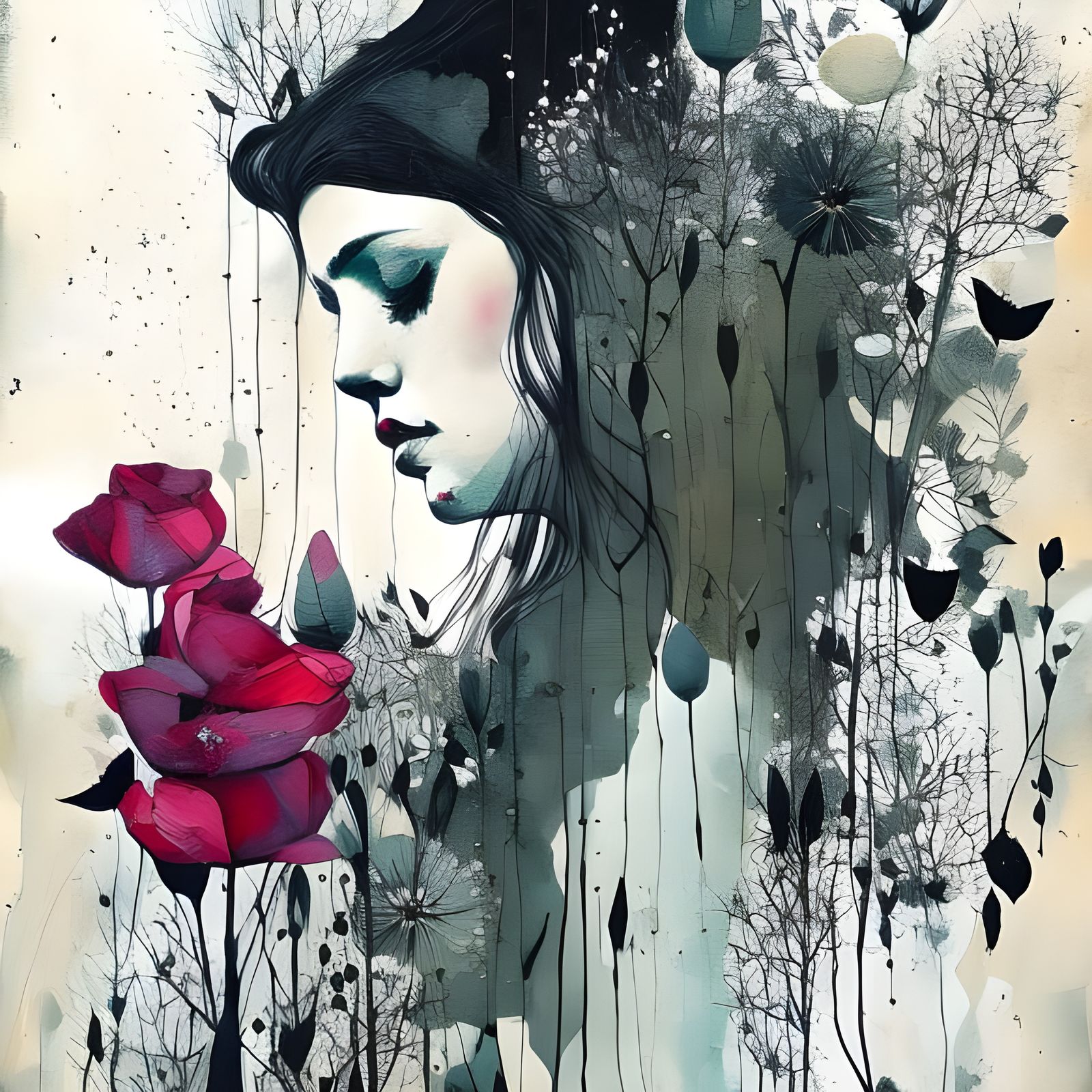 Floral Woman Portrait in Sinister Oil Painting Style