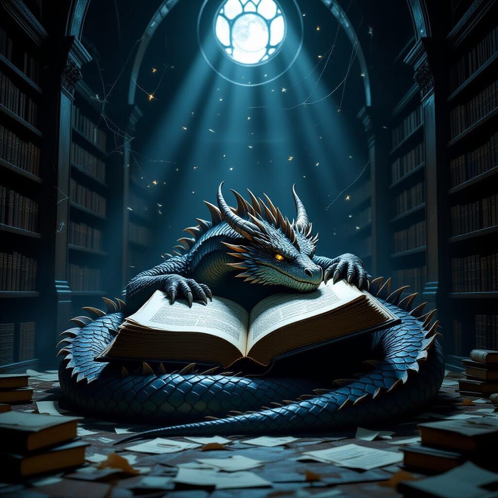 Ancient Dragon Sleeps in Moonlit Library with Magical Tome