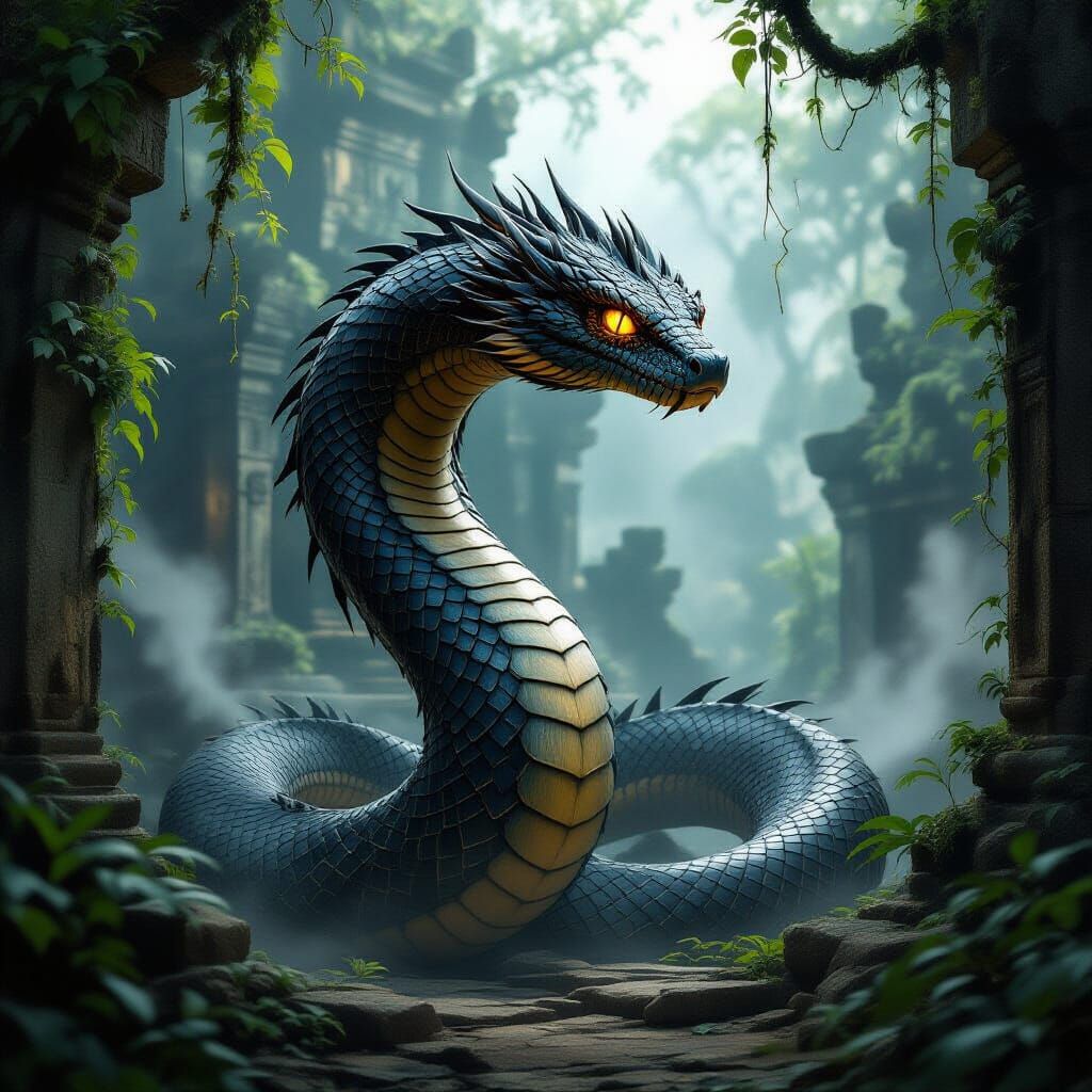 Ancient Serpent Guards Mist-Shrouded Temple