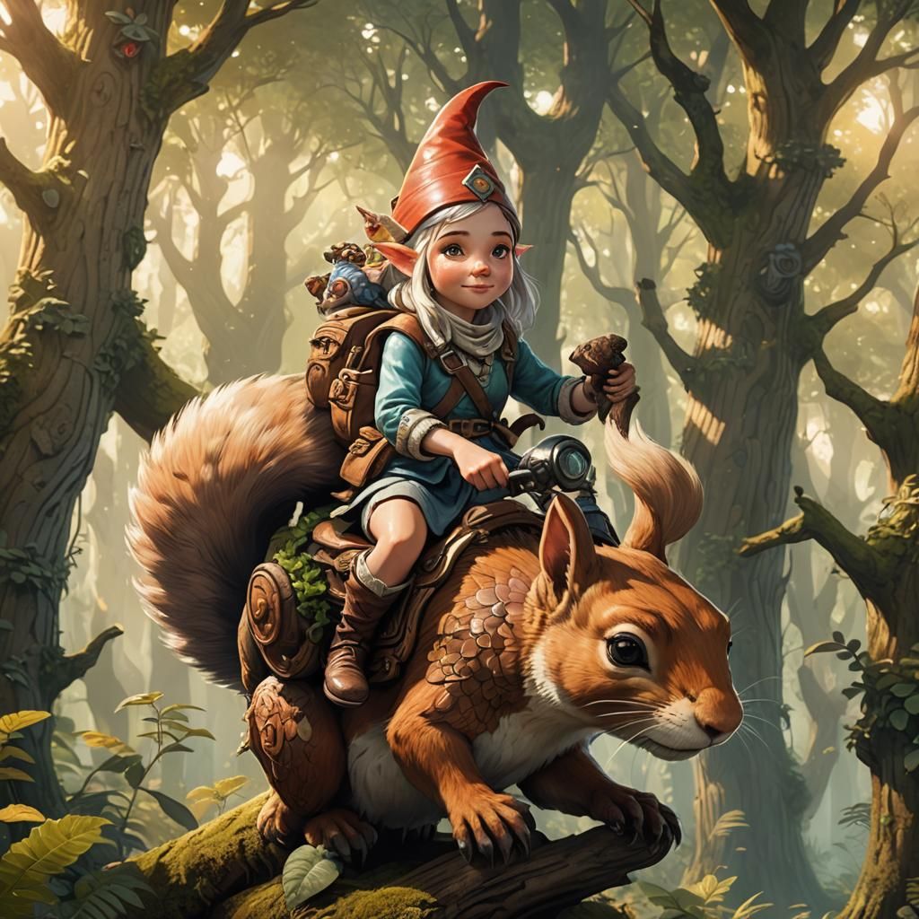 Gnome Girl Rides Squirrel Through Forest
