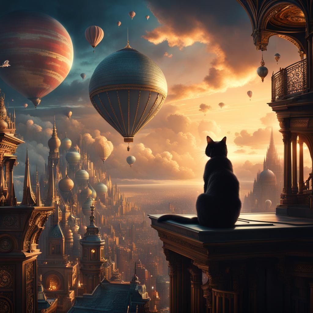Man Pondering Flying Cats: Cinematic Digital Art