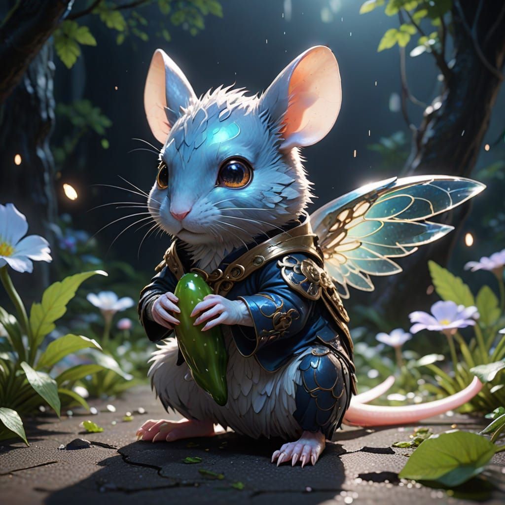 Iridescent Mouse Among Glowing Pickle and Ethereal Mist