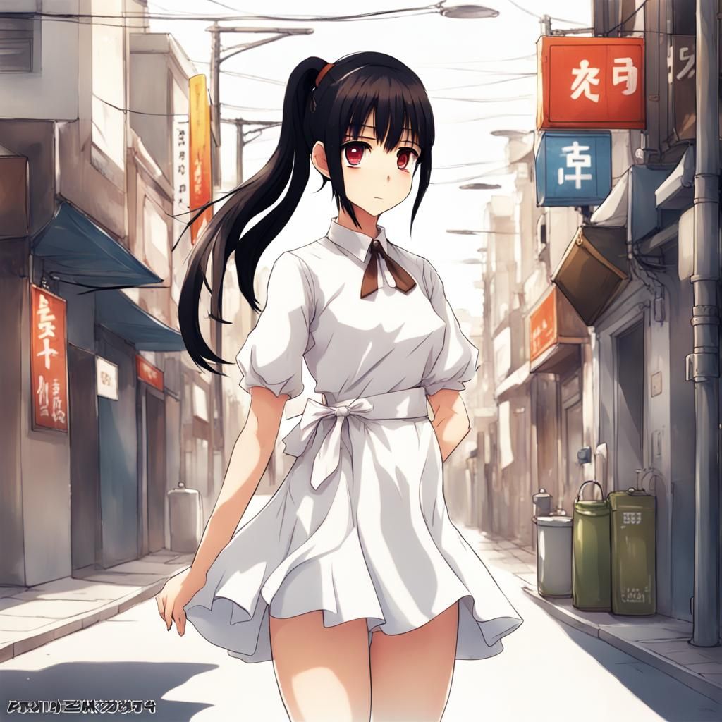 Anime Girl in White Dress on Street