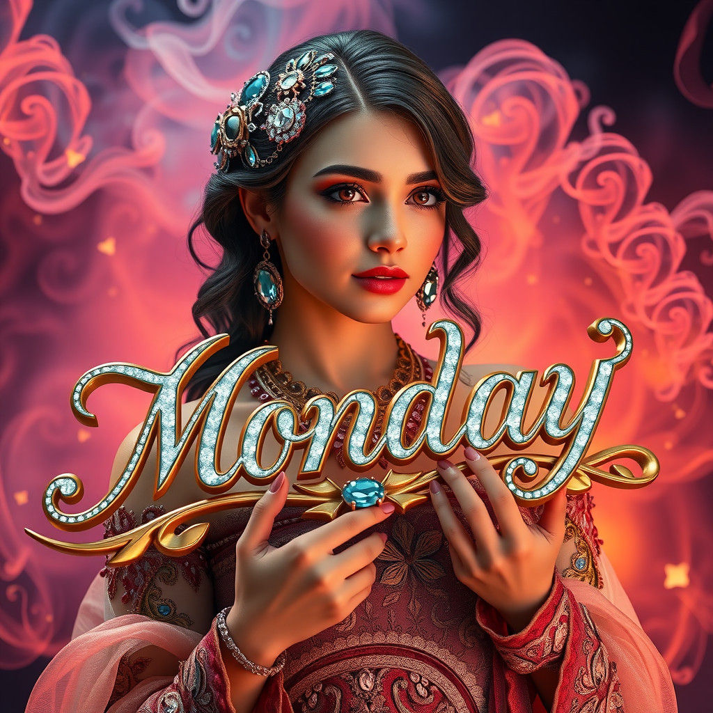 Elegant Woman Holding Monday Sign with Gemstones