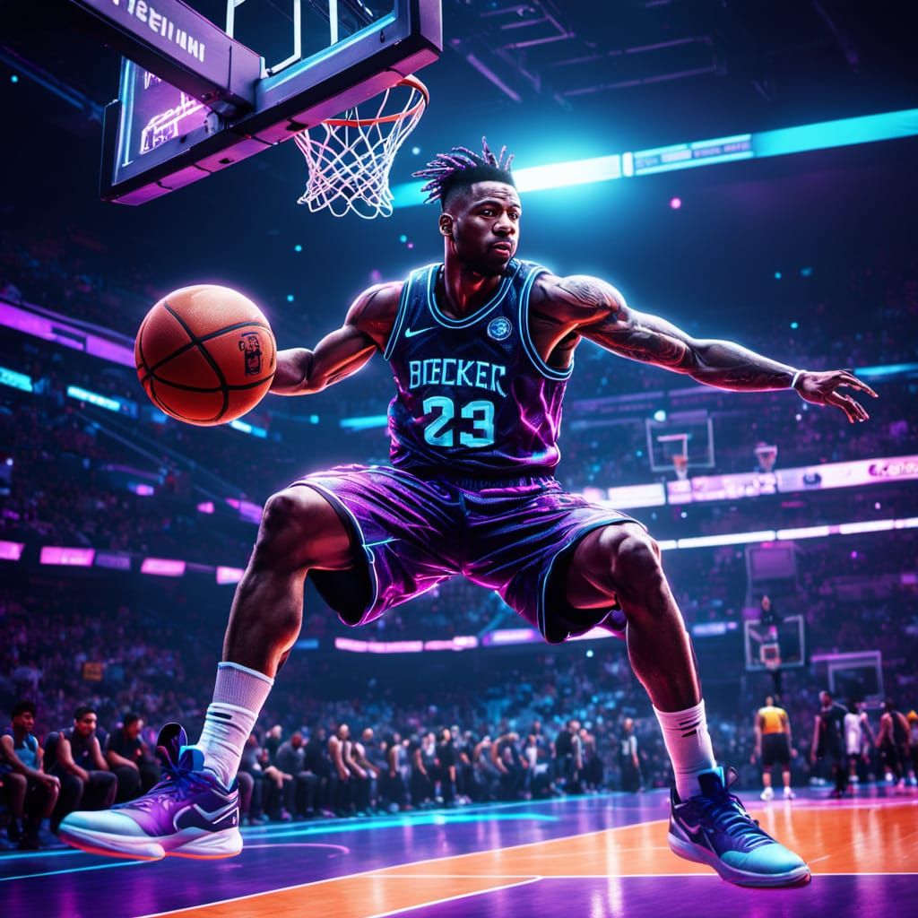 Cyberpunk Basketball Player Slam Dunk in Neon City