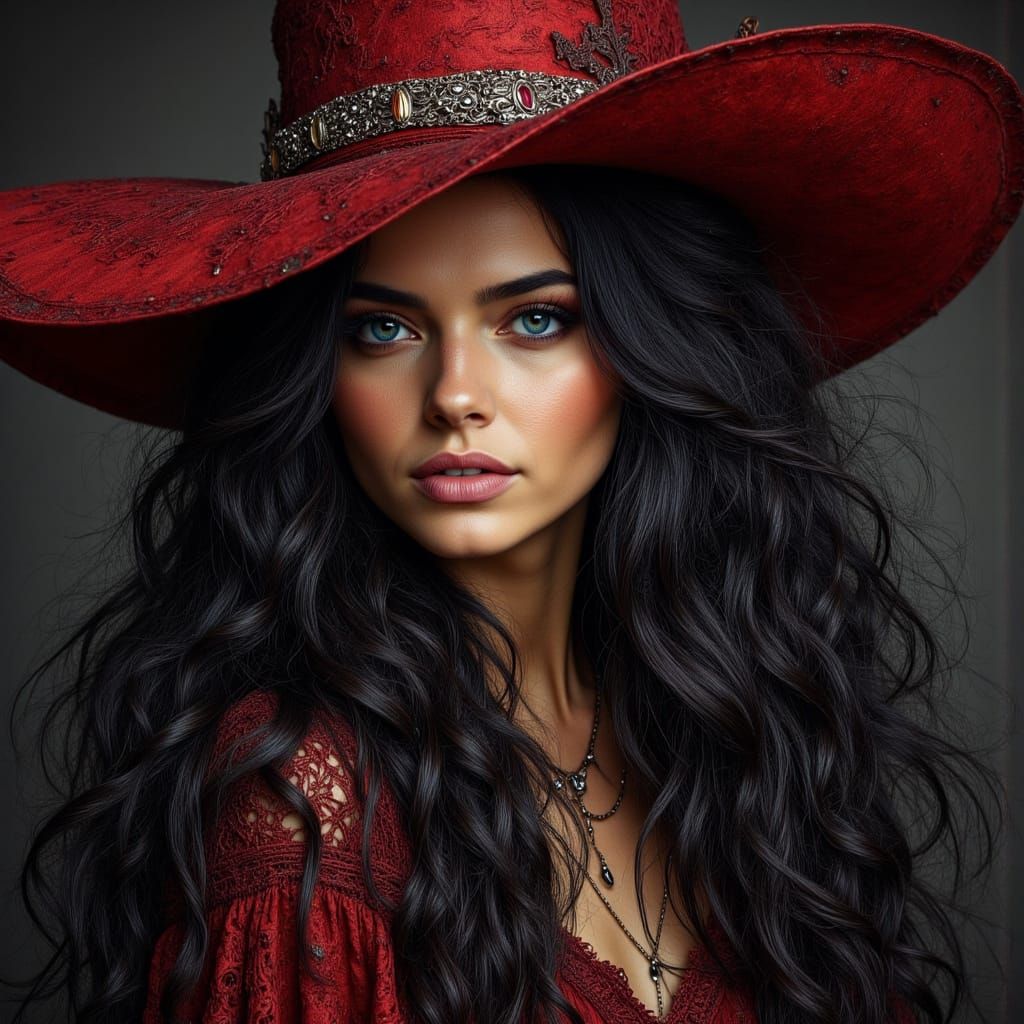 Medieval Witch with Red Hat in Chiaroscuro Style