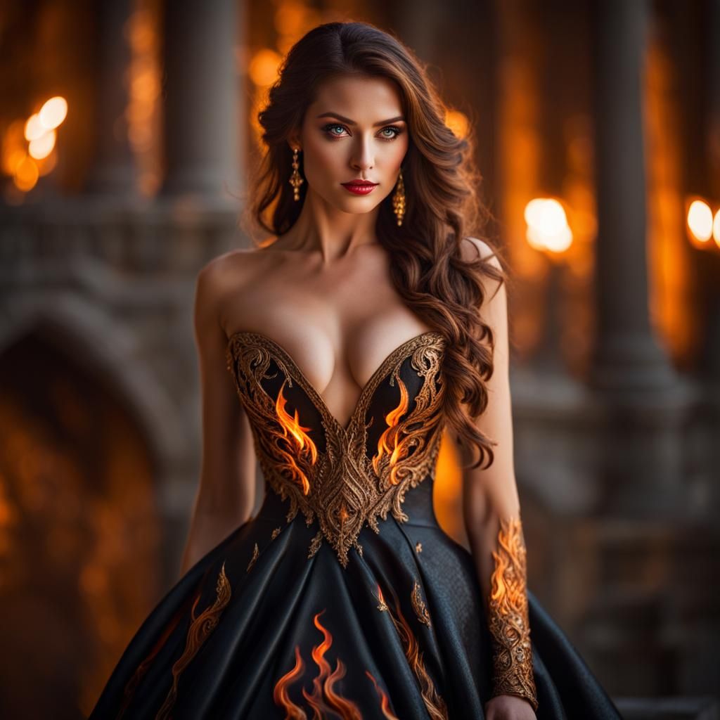 Alluring Fire Princess with Fiery Dress, Professional Photog...