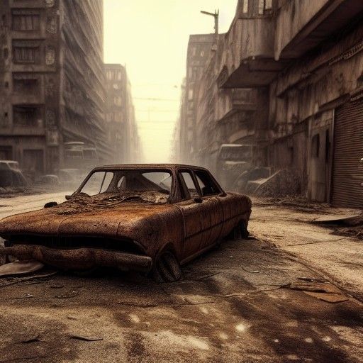 Apocalyptic City Ruins: Rusted Car in 3D