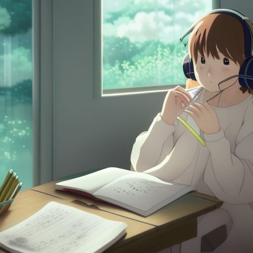 Anime Girl Studying with Cat in Ghibli Style