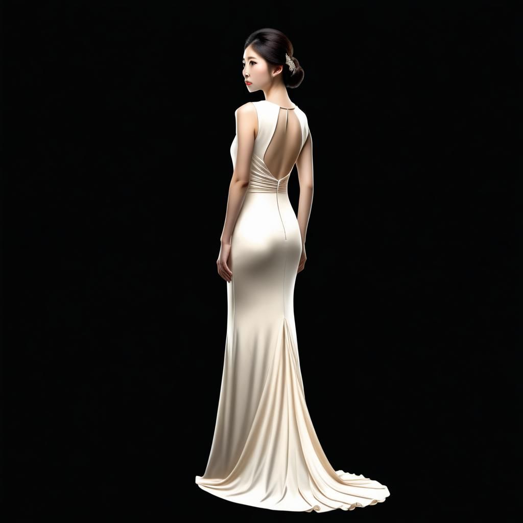 Elegant Chinese Woman in Cream Dress, 2D Render