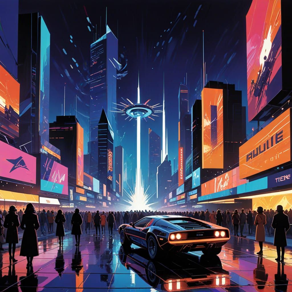 Vibrant New Year's Eve Celebration in Futuristic City Square