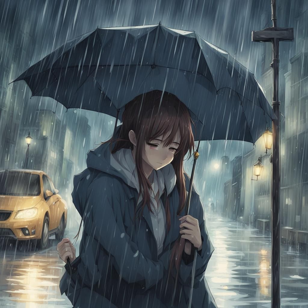 Anime Woman Crying in Rain: Manga Art Style
