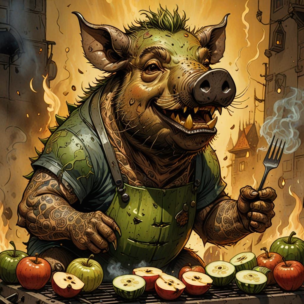 Tattooed Boar Roasts Zucchini: Humorous Caricature
