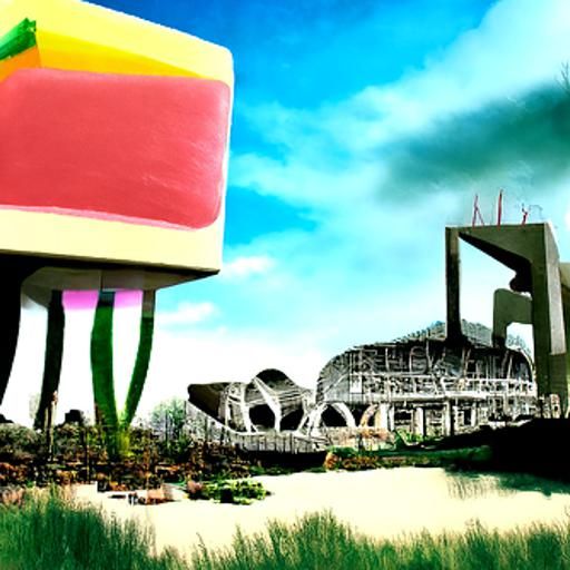 Pastel Amusement Park on Floating Island: Ecobrutalism