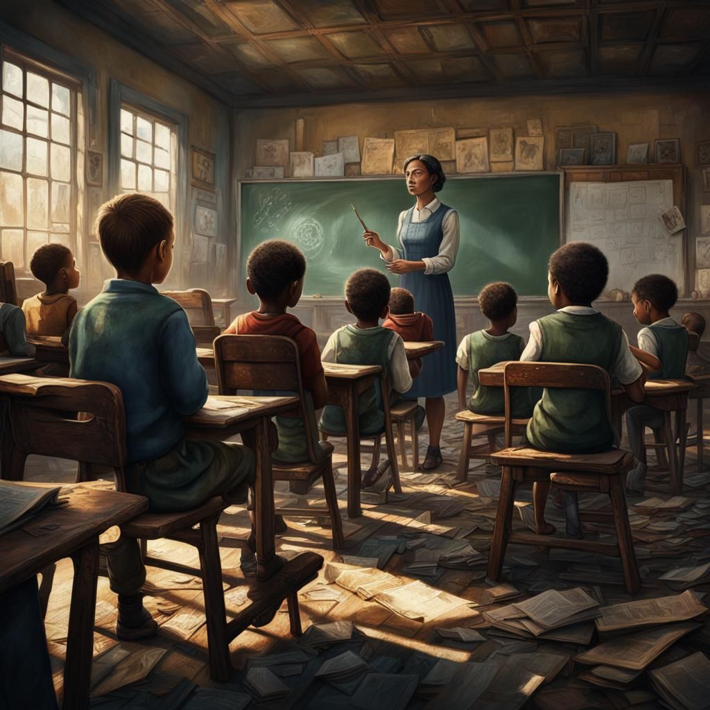 Teacher in Dilapidated Classroom: Matte Painting Concept Art
