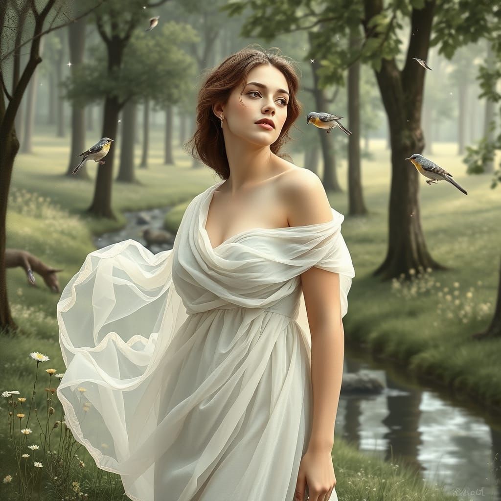 Ethereal Woman in Forest as Pastel Watercolor