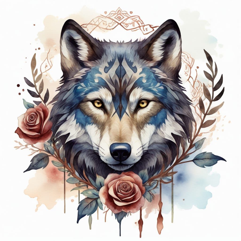 Tribal Wolf Flag with Rose in Watercolor Style