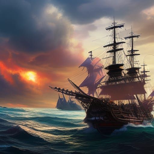 Intricate Pirate Captain Pencil Sketch in Stormy Port