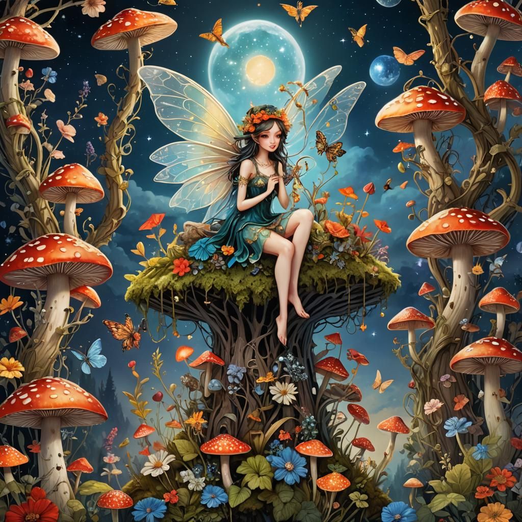 Fairies on Crystals and Flowers Under Starry Sky