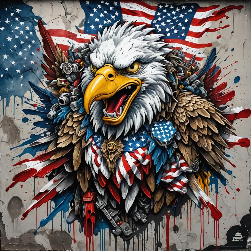 Patriotic Graffiti Art: Wolf, Eagle, and USA Flag