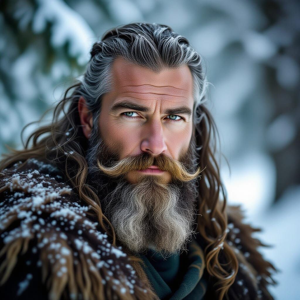 Focused Celtic Druid in Snowy Woodland Portrait