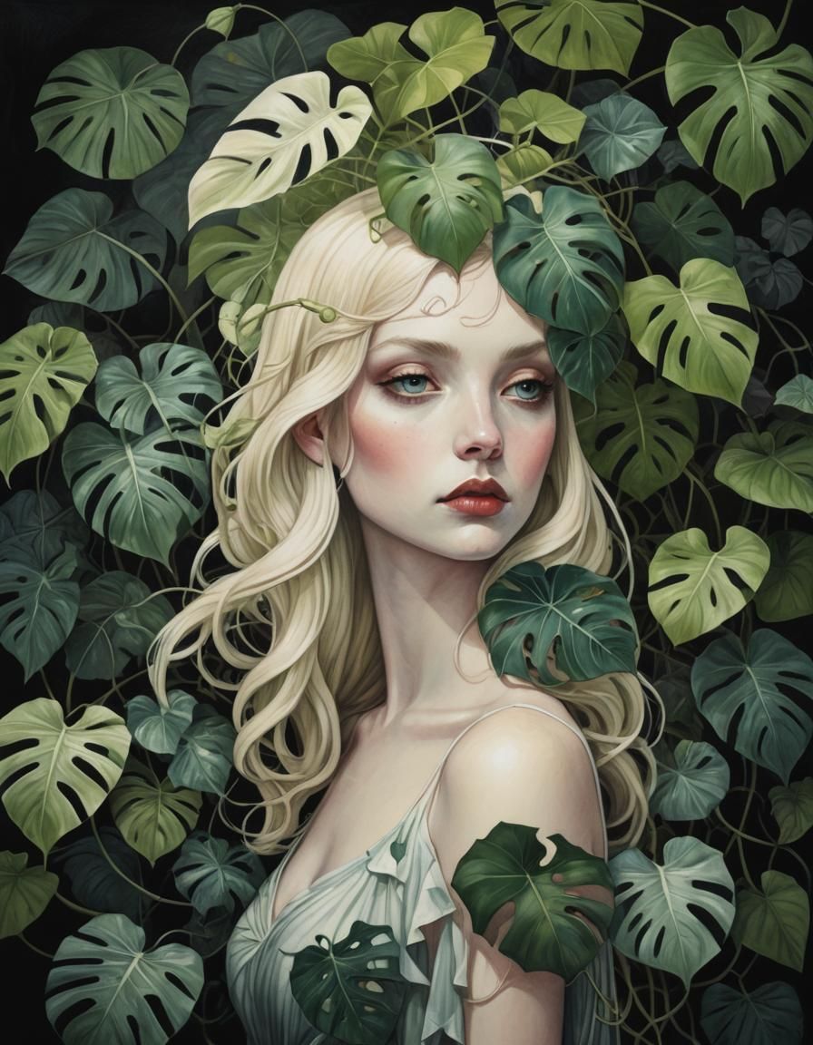 Luminescent Watercolor of Monstera and Vines