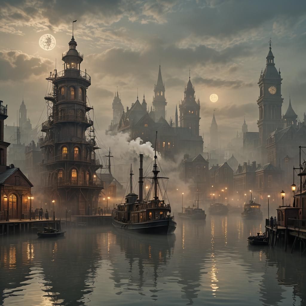 Steampunk Victorian Dockside at Dusk