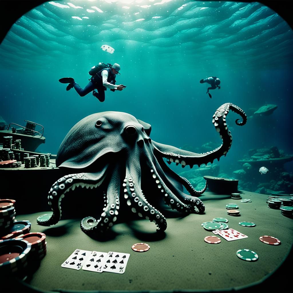Fish-People's Underwater Poker Game: A Cinematic Still