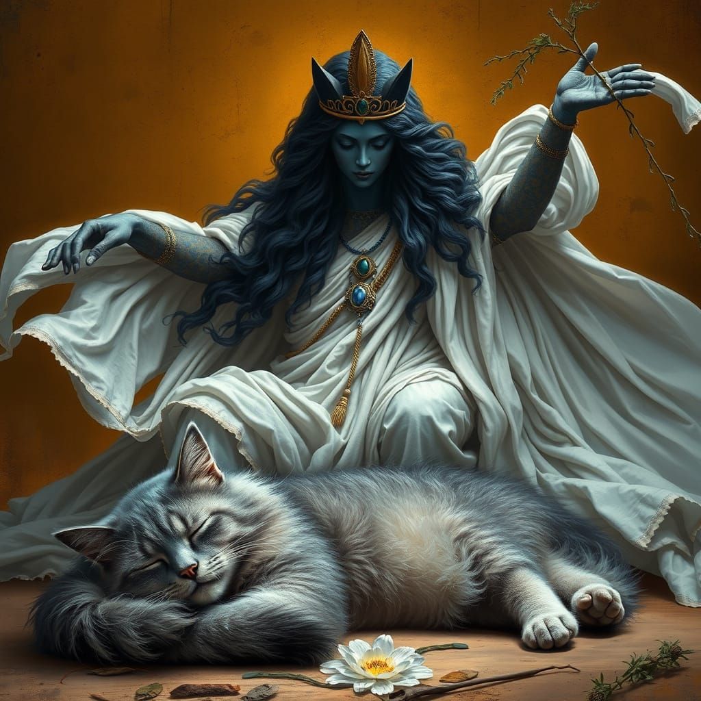 Goddess Bast Bestows Blessing on Slumbering Feline in Whimsi...