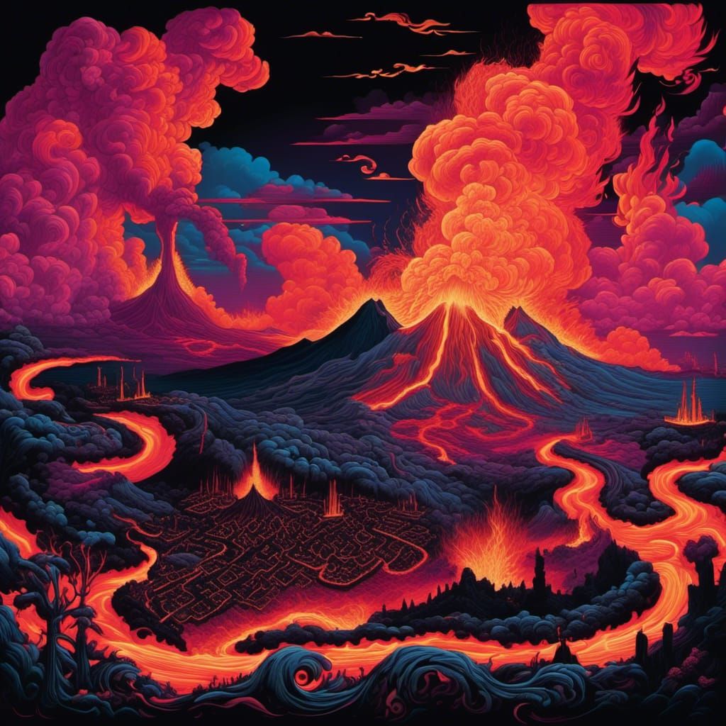 Erupting Volcano in Synthwave Toile de Jouy Style