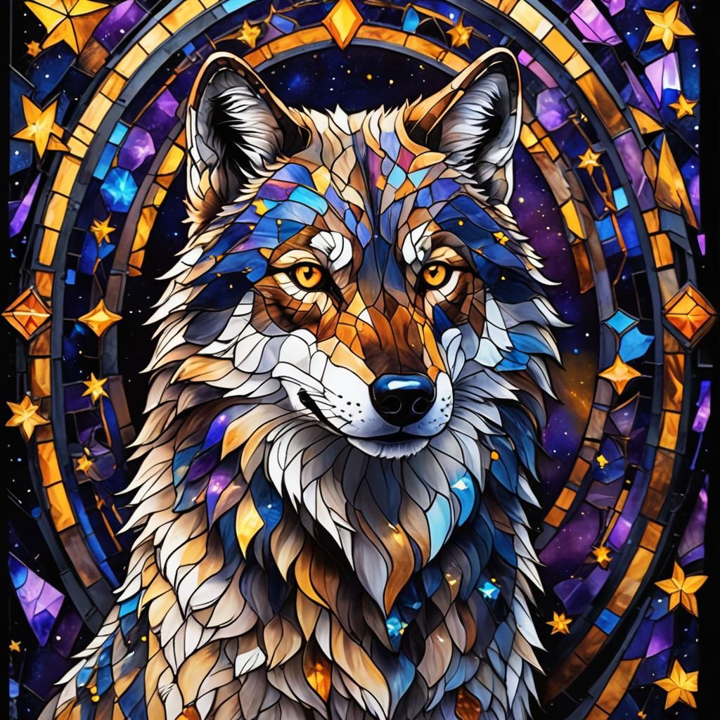 Glowing Wolf in Stained Glass Art