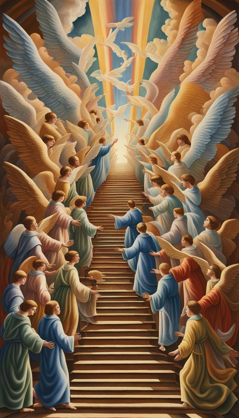 Angels Ascending Jacob's Ladder in Oil Painting Style