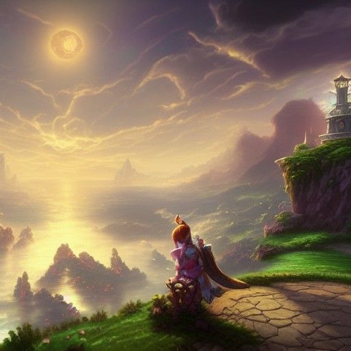 Amumu Looks Over Cliff in Ethereal Fantasy Landscape