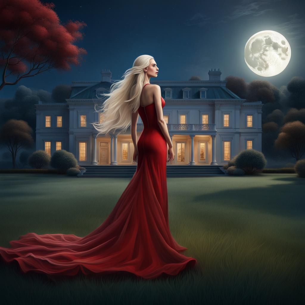 Elegant Woman in Red Gown Under Moonlight