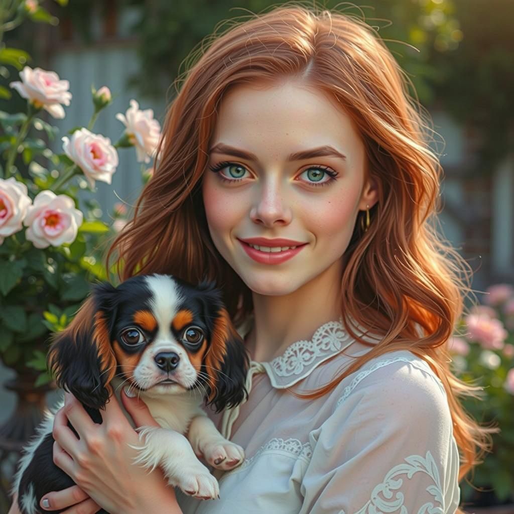 Woman with Puppy in Lush Garden: Photorealistic Portrait