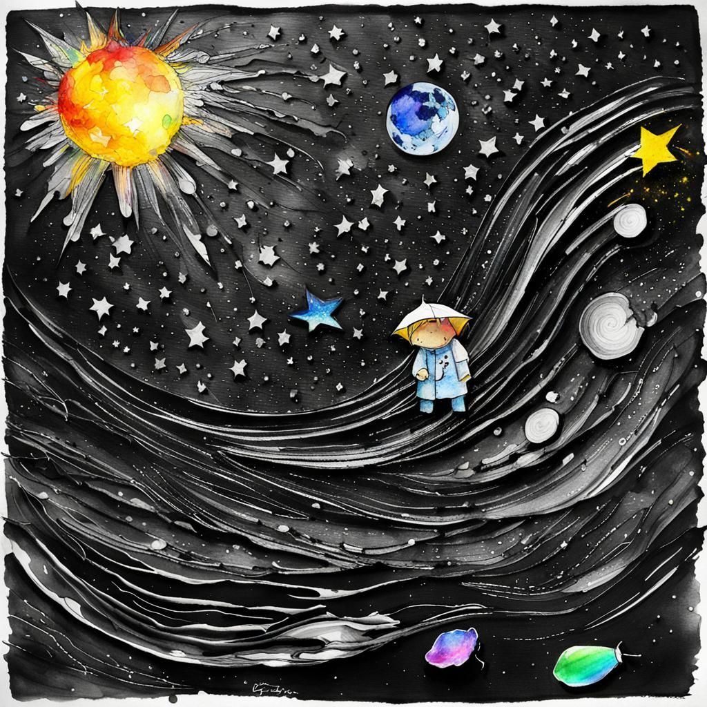 Surreal Fairy Child on Starry Night as Child's Drawing