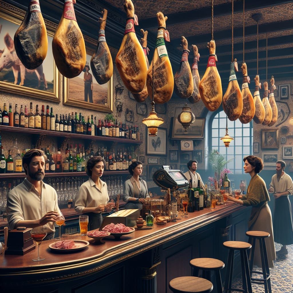 typical spanish bar in the ceiling hanging serrano