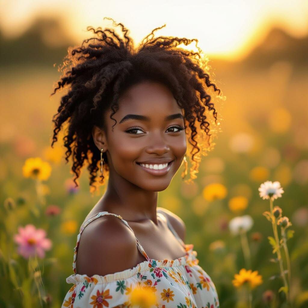 Radiant African Girl in Golden Hour Meadow
